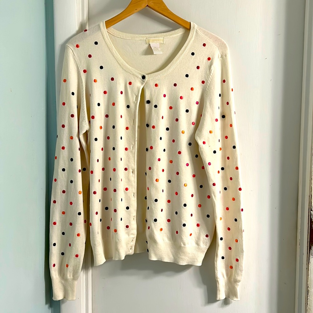 Christina Ivory Cardigan with Pink Black Orange Embroidered Polka Dots XL